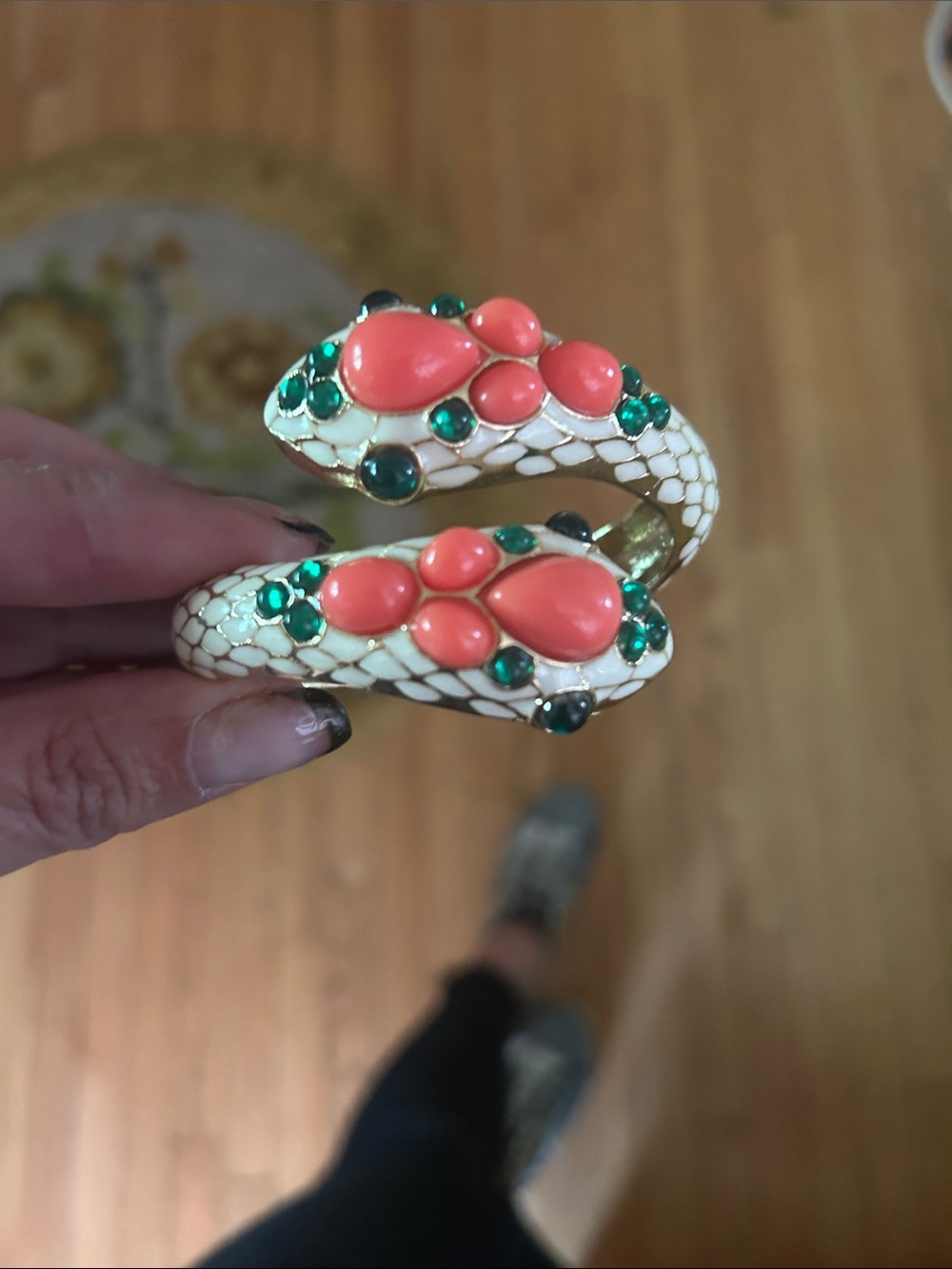 Coral & Emerald Snake-Style Enamel Bracelet